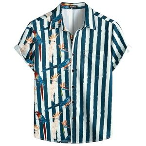 VatPave Hawaiian Birds Striped Tropical Spring Summer Shirt